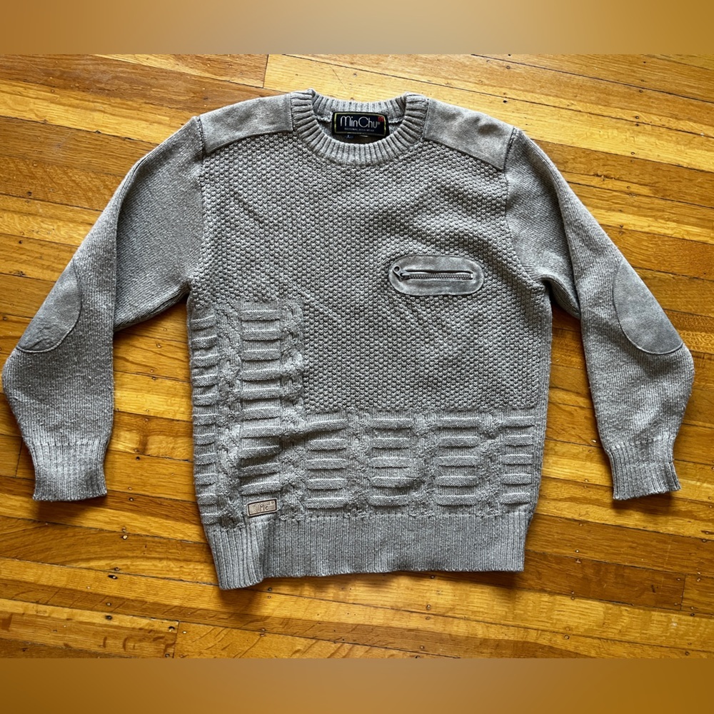 Vintage wool leather crewneck textured sweater beige tan elbow patches grandpa